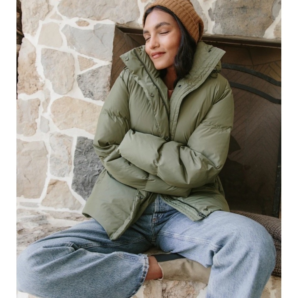 Jenni Kayne Women Large Puffer Jacket Olive Green Down Fill Hooded Luxury *READ*